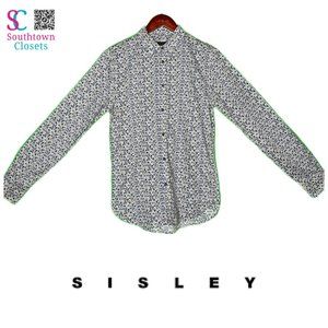 Sisley Slim Fit Taupe and Blue Floral Print Button Up, Medium and 100% Cotton